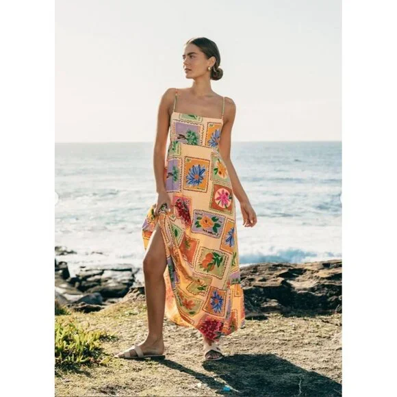 Paper Heart Anthropologie Wo's Strappy Stamp Floral Postcard Maxi Dress SzS 2803 - Picture 2 of 14